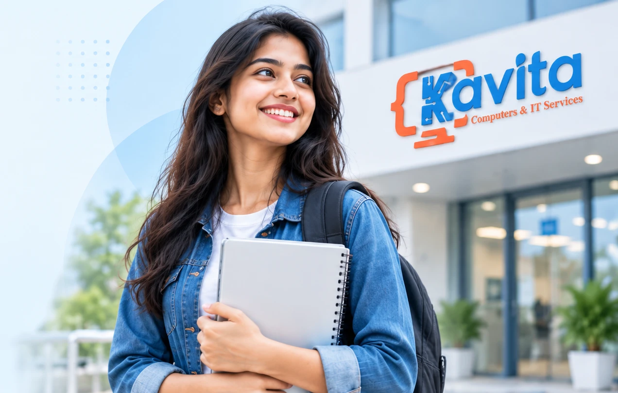 Student holding a notebook outside Kavita Computers training institute