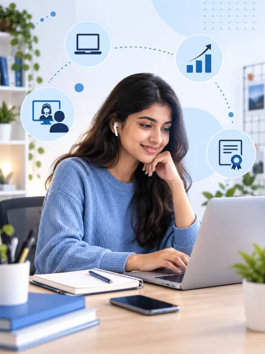 Student completing an online internship project on a laptop